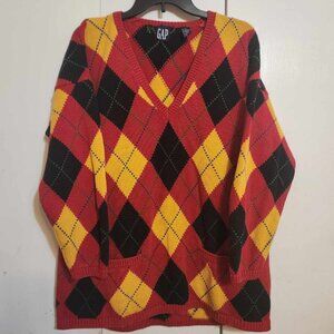 Vtg 90s XL Gap Red Black Yellow Argyle Diamond Oversized V Neck Tunic Sweater